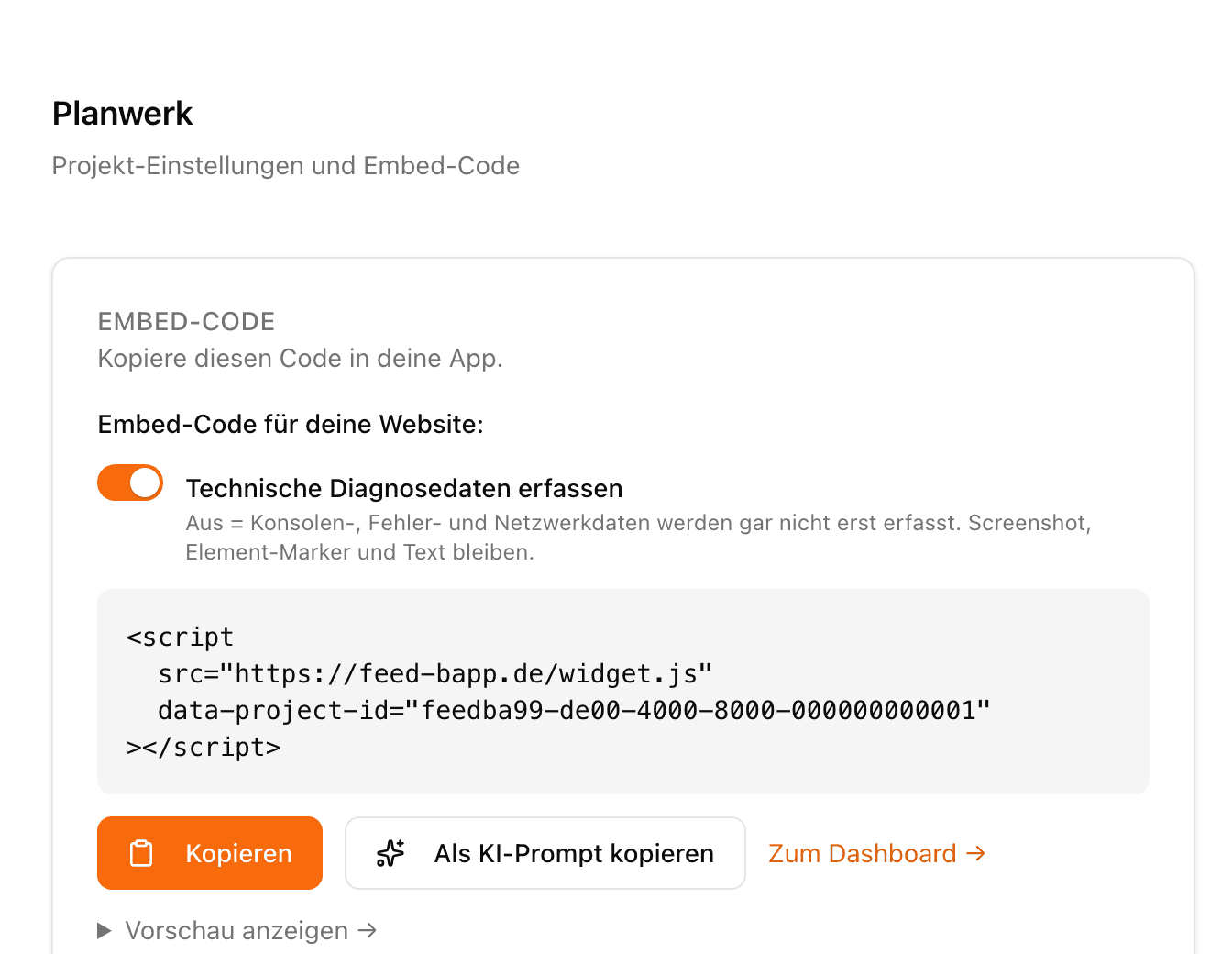 Projekt-Einstellungen mit dem Embed-Code zum Kopieren