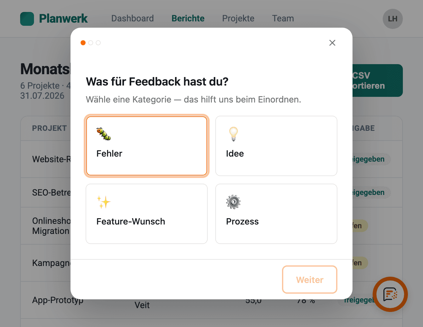 Das Feedback-Widget mit vier Kategorien auf einer Beispielseite