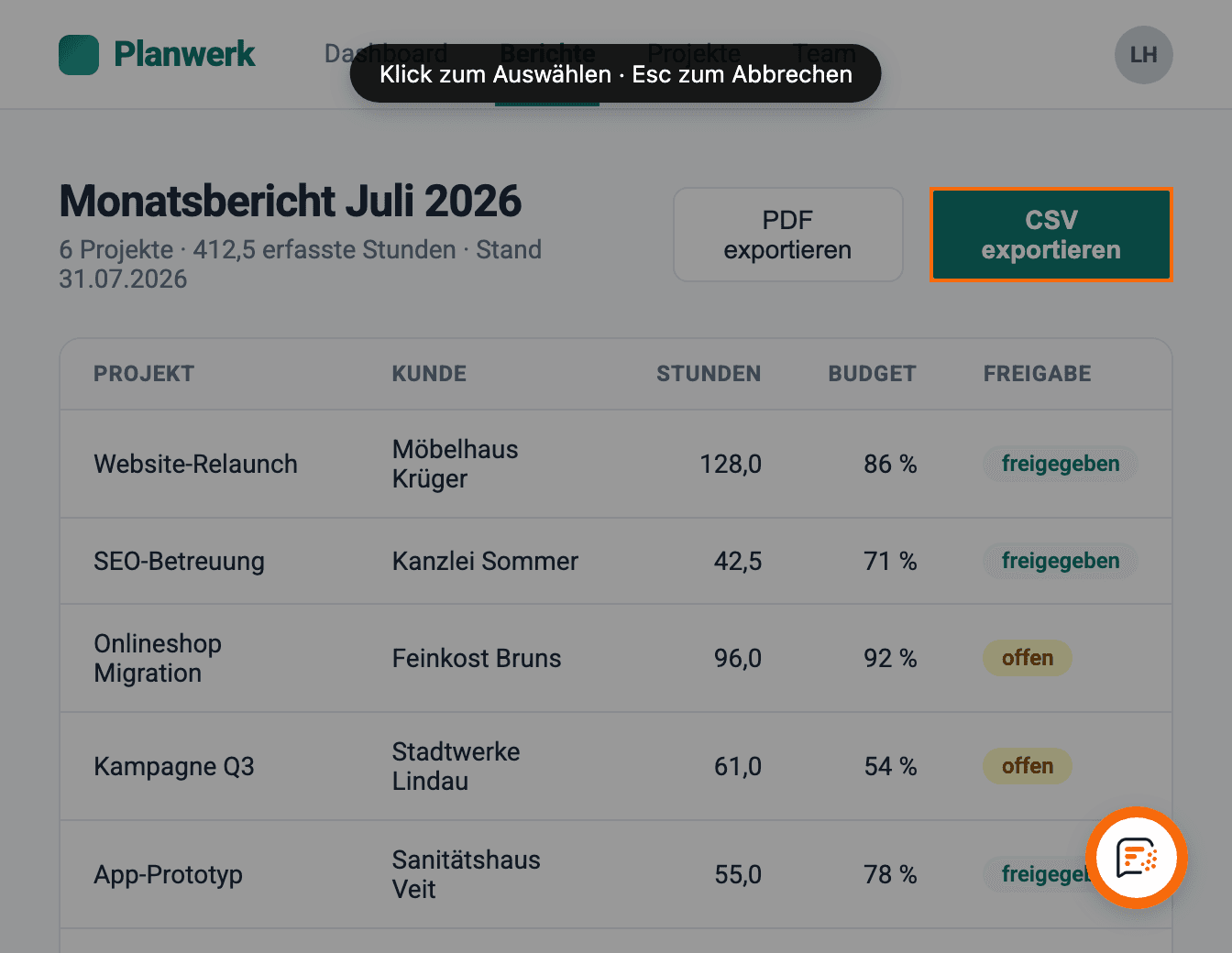 Ein angeklicktes Element wird auf der Seite markiert und als Screenshot erfasst