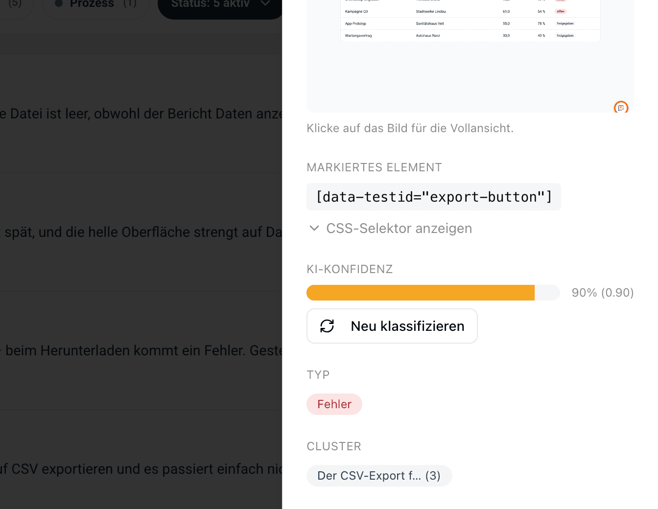 Ein klassifiziertes Feedback mit Typ, Kurzfassung und Themen-Zuordnung im Dashboard