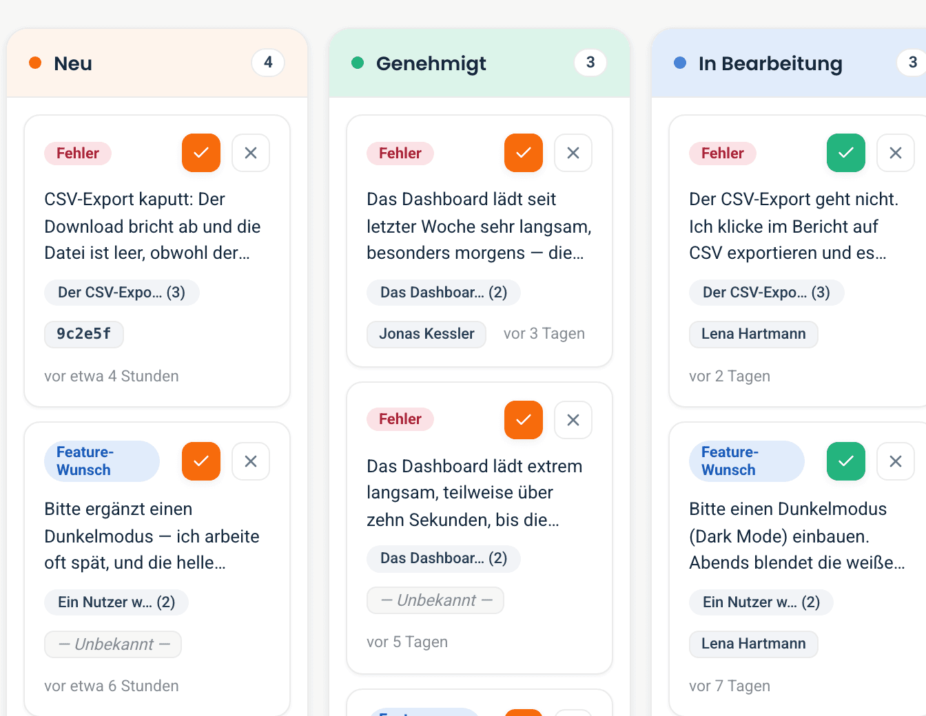 Das Board mit sechs Status-Spalten und nach Gewicht sortierten Themen
